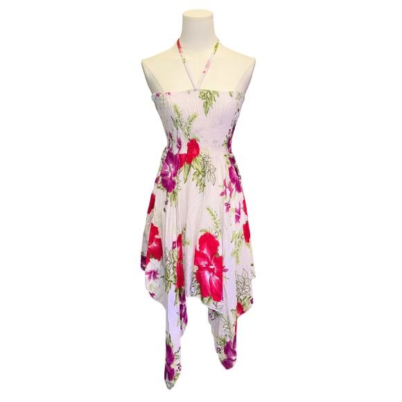 Standard-Size Dresses & Skirts - Tropical Floral Smocked Handkerchief Hem Halter Dress Boho Fairycore Pink White